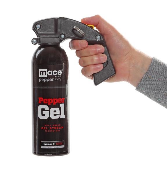 Mace Brand Pepper Gel - Magnum 9 canister held in hand