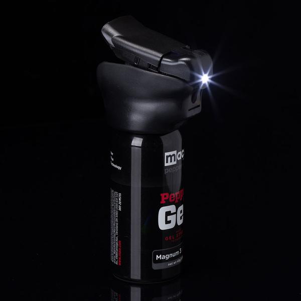 Mace Pepper Spray Pepper Gel - Magnum 4 canister close up with light